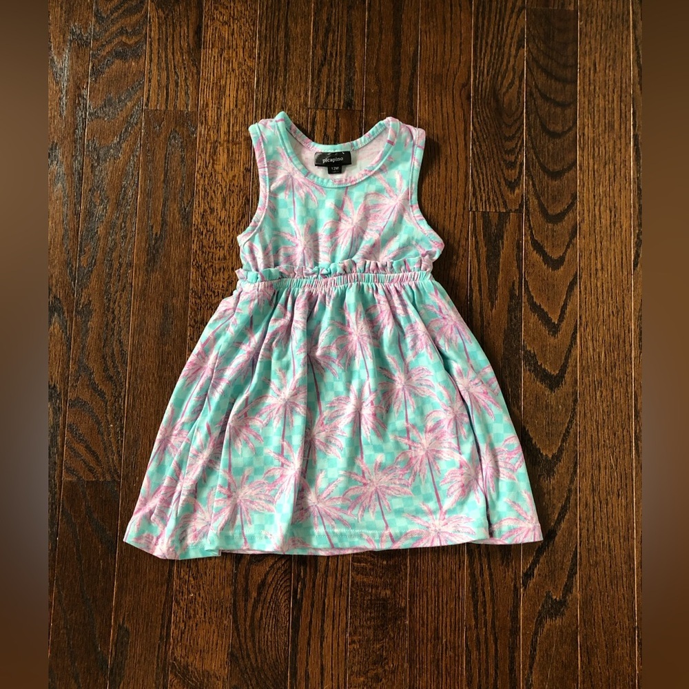 Picapino Girls 12M Teal Blue/Pink Sleeveless A-Line Ruffled Tropical Dress - EUC